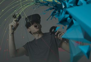 Young man wearing a virtual reality headset